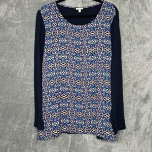 Talbots 3X Top Shirt Navy Blue Paisley Scoop Neck Long Sleeve Stretch Cotton